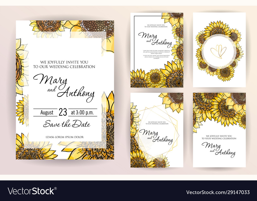 Set wedding invitation card flowers sunflower vector image Set wedding invitation card flowers sunflower