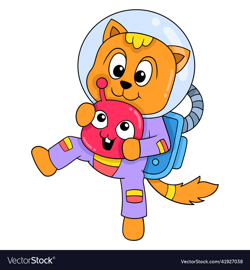 Astronaut cat in space playing with alien child