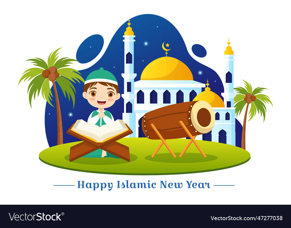 Happy muharram with kids celebrating islamic new vector image Happy muharram with kids celebrating islamic new