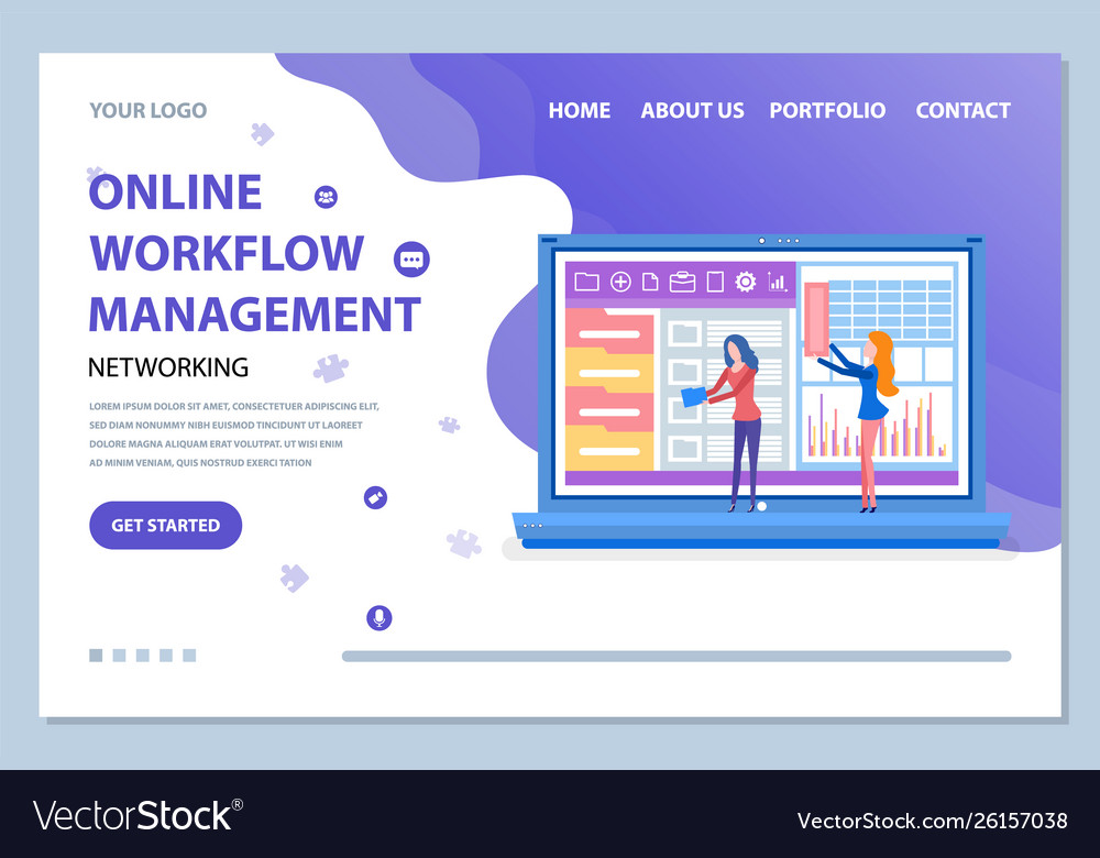 Online workflow management website info vector image Online workflow management website info