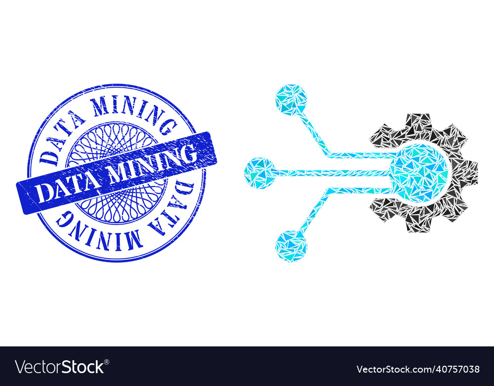 Rubber data mining stamp and triangle smart cog vector image Rubber data mining stamp and triangle smart cog
