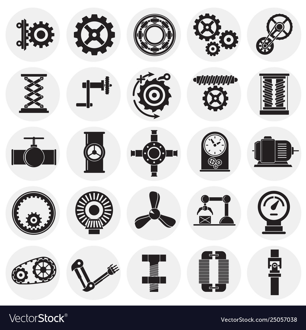 Technical mechanisms icons set on circles vector image Technical mechanisms icons set on circles