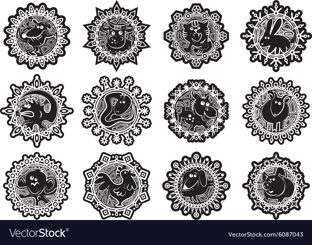 Characters chinese zodiac signs in the snowflake