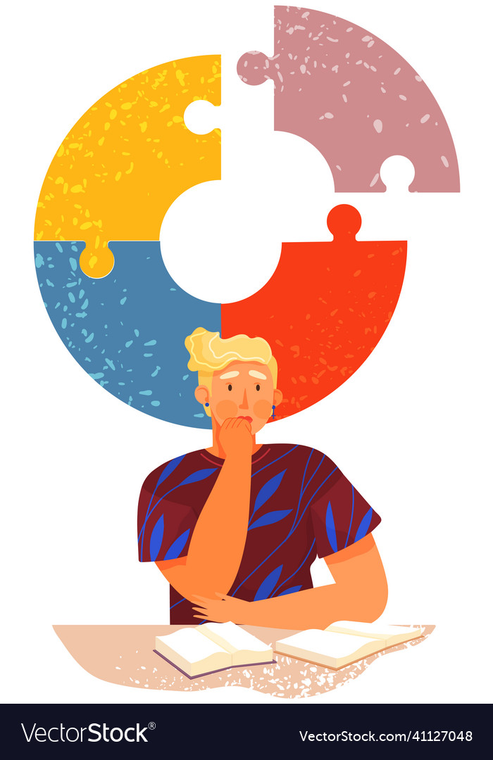 Man sitting with books is trying to combine puzzle vector image Man sitting with books is trying to combine puzzle