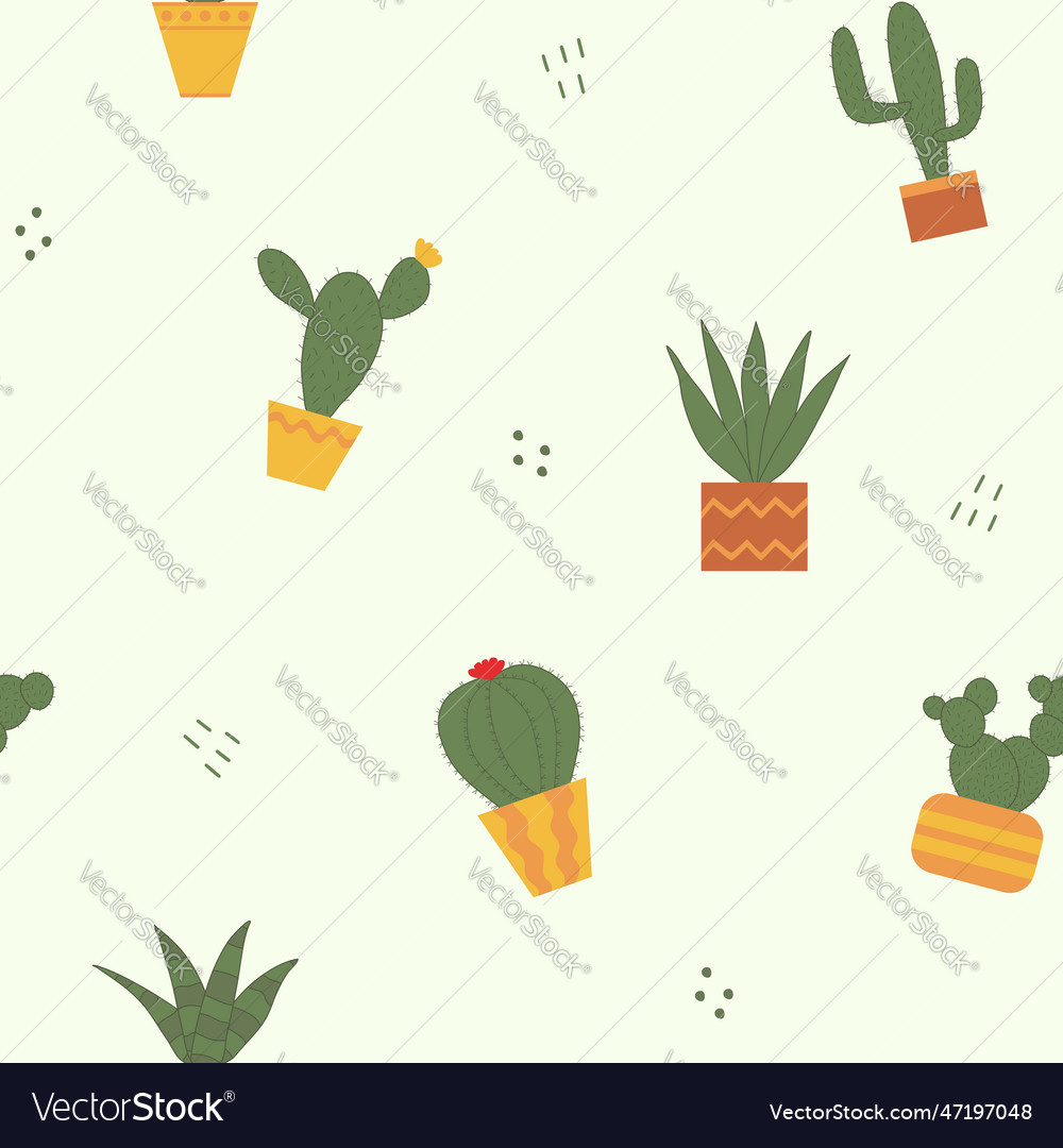 Seamless pattern with different cactus in pots