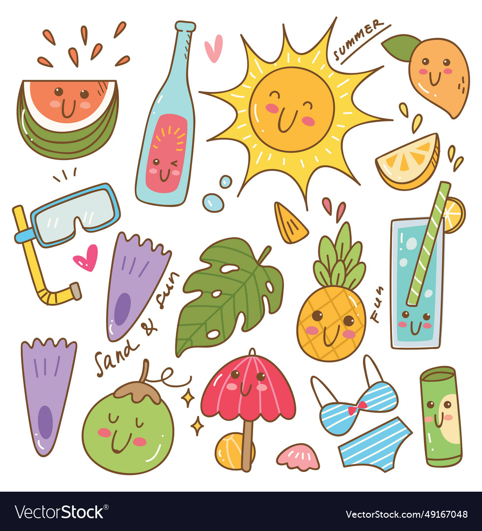 Set of kawaii summer doodle design elements vector image Set of kawaii summer doodle design elements