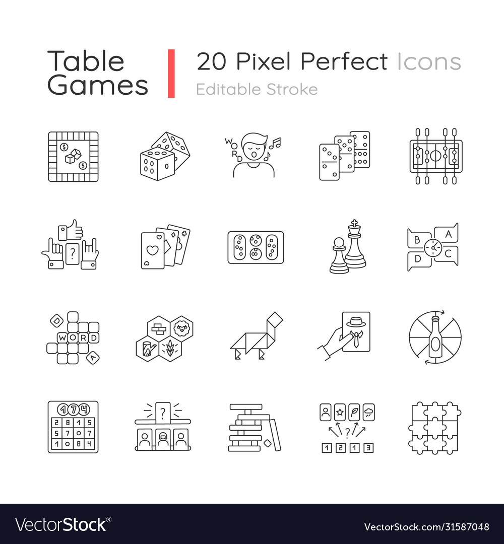 Table games pixel perfect linear icons set vector image Table games pixel perfect linear icons set