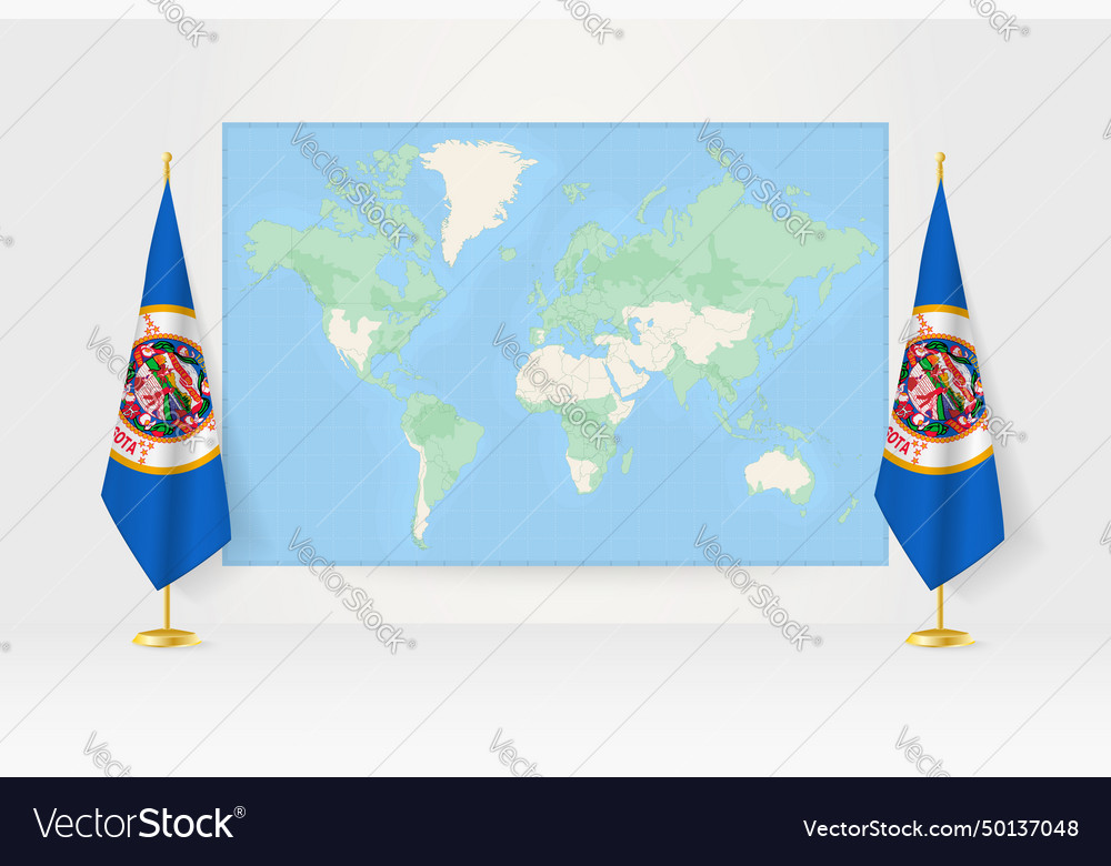 World map between two hanging flags of minnesota