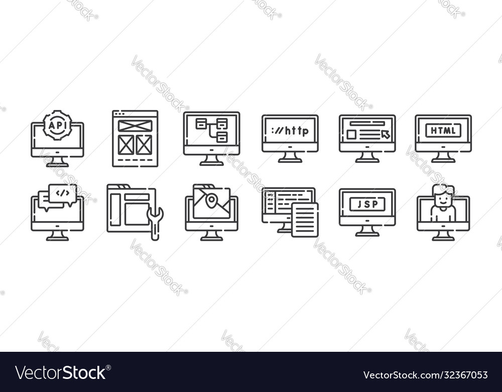 12 set linear web development icons thin