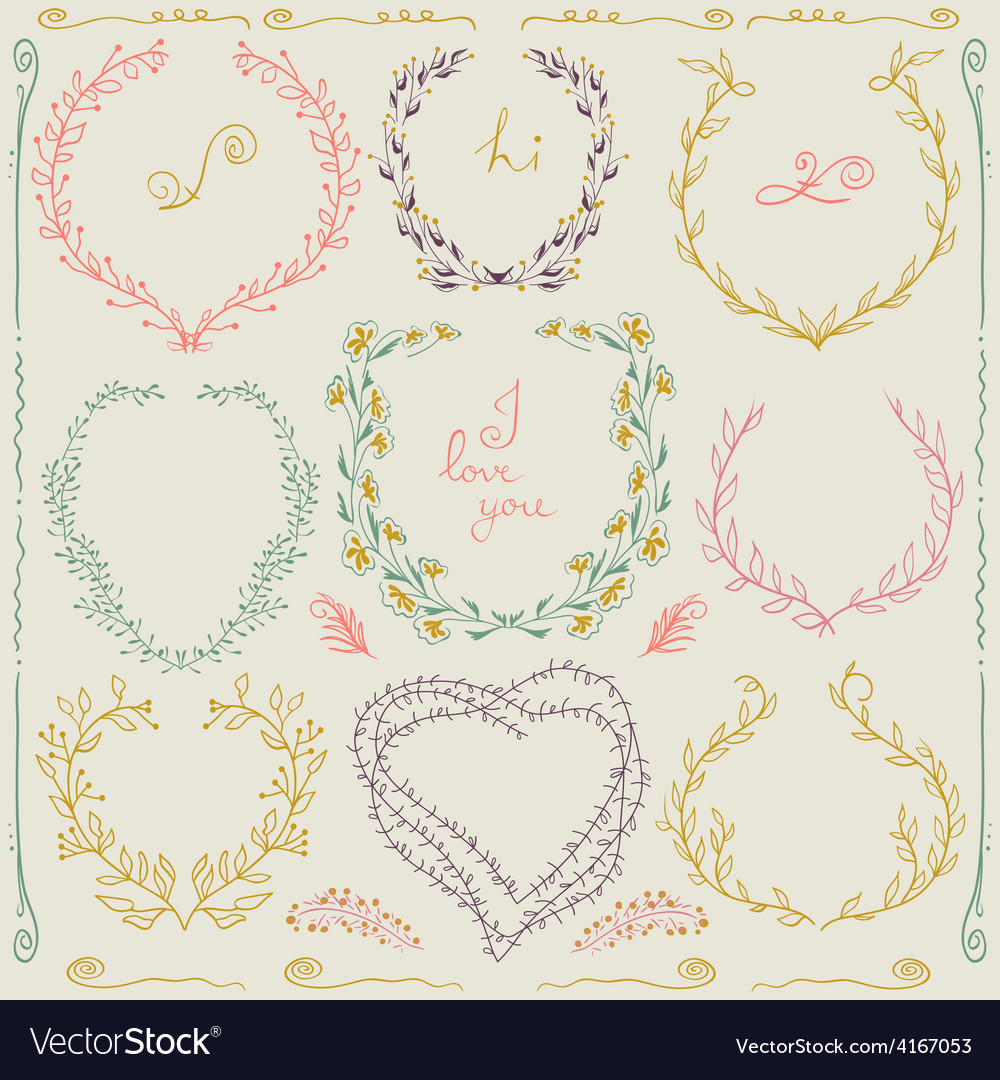 Set of hand drawn floral frame and lines border