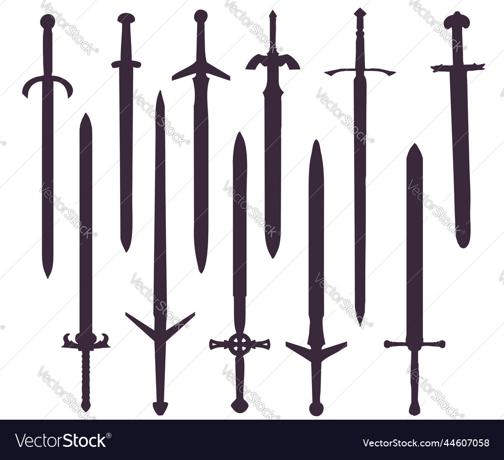 A set of silhouettes different knights swords Vector Image