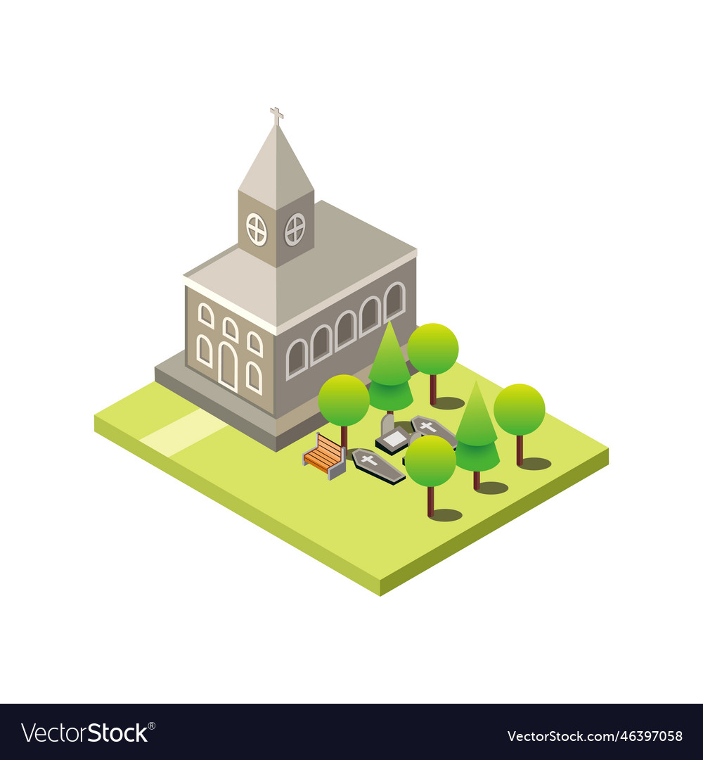 Church with graveyard isometric flat icon