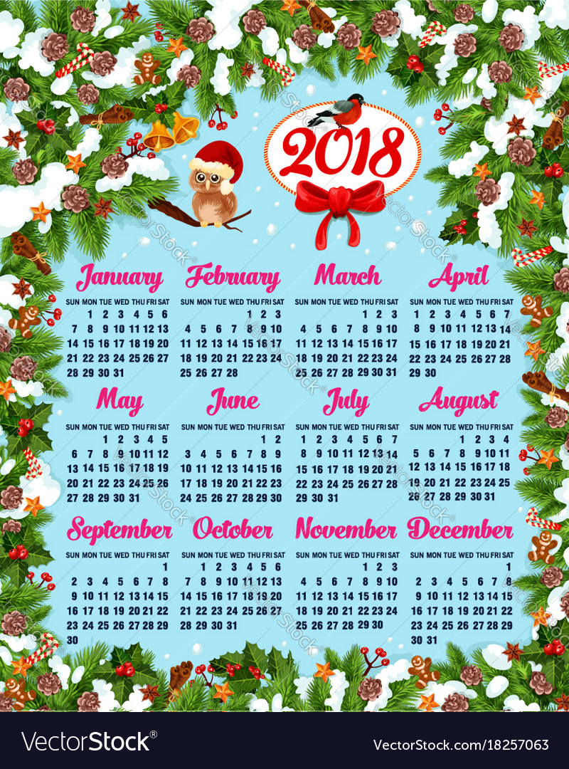 Calendar template with christmas wreath frame Vector Image