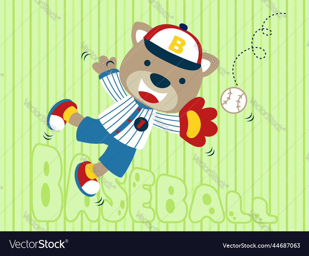 Cartoon of funny bear in baseball costume