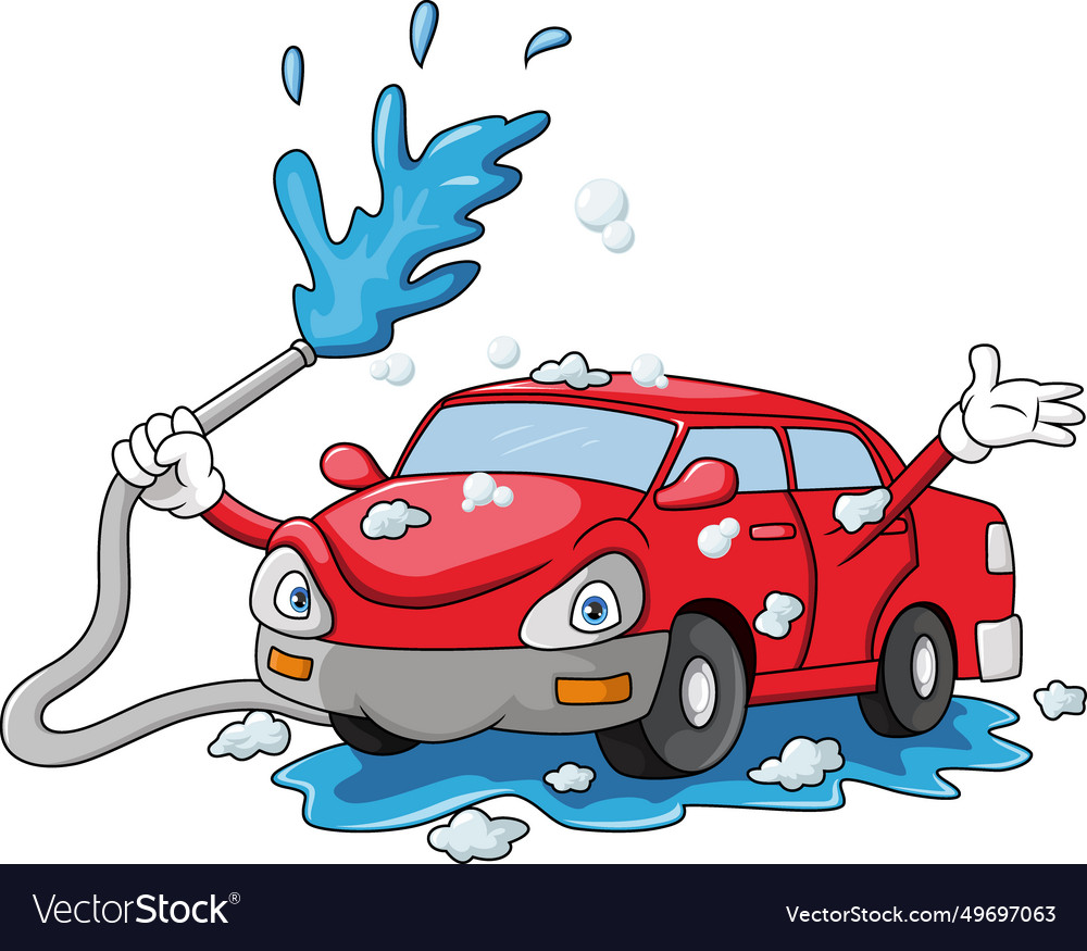 Cute car washing with water pipe Royalty Free Vector Image