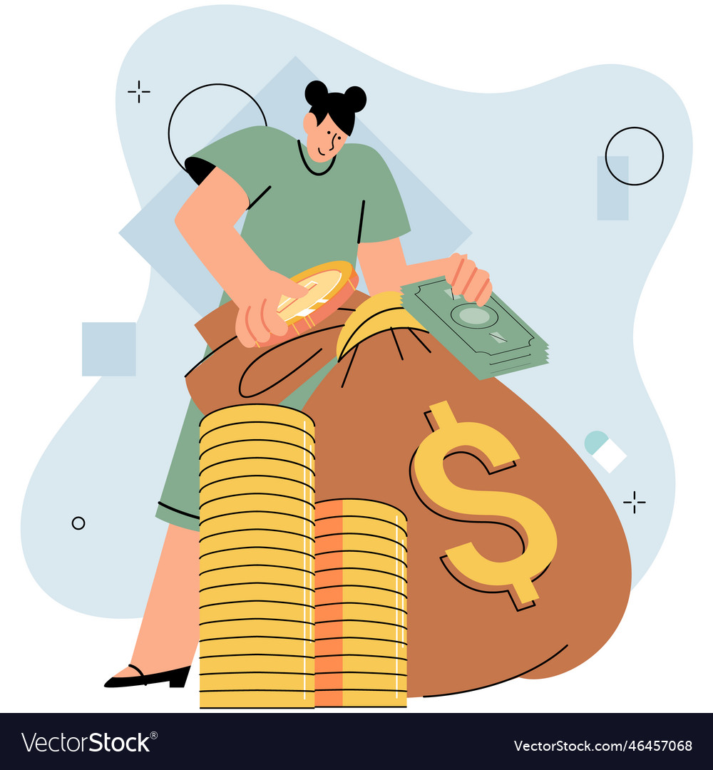 Businessman putting coins in money bag coin stack Vector Image