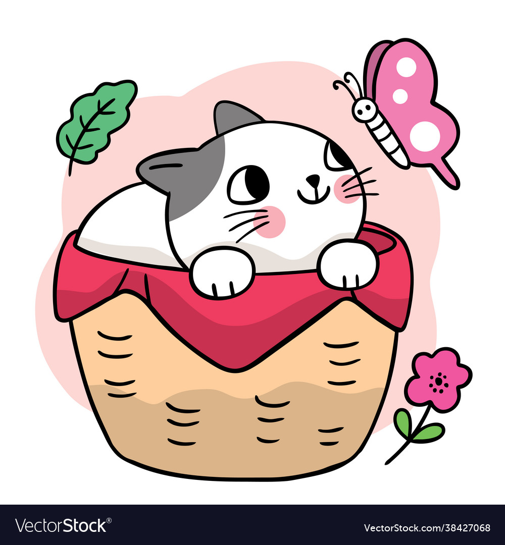 Cartoon cute cat in basket and butterfly