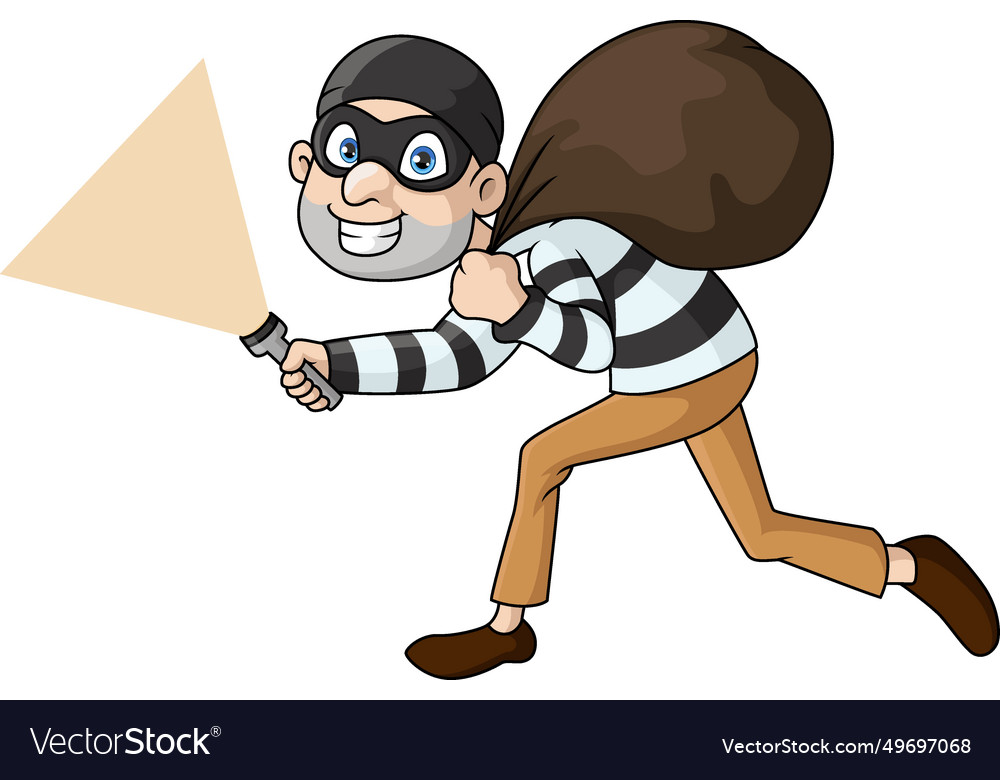 Cute thief cartoon walking and carrying a bag Vector Image