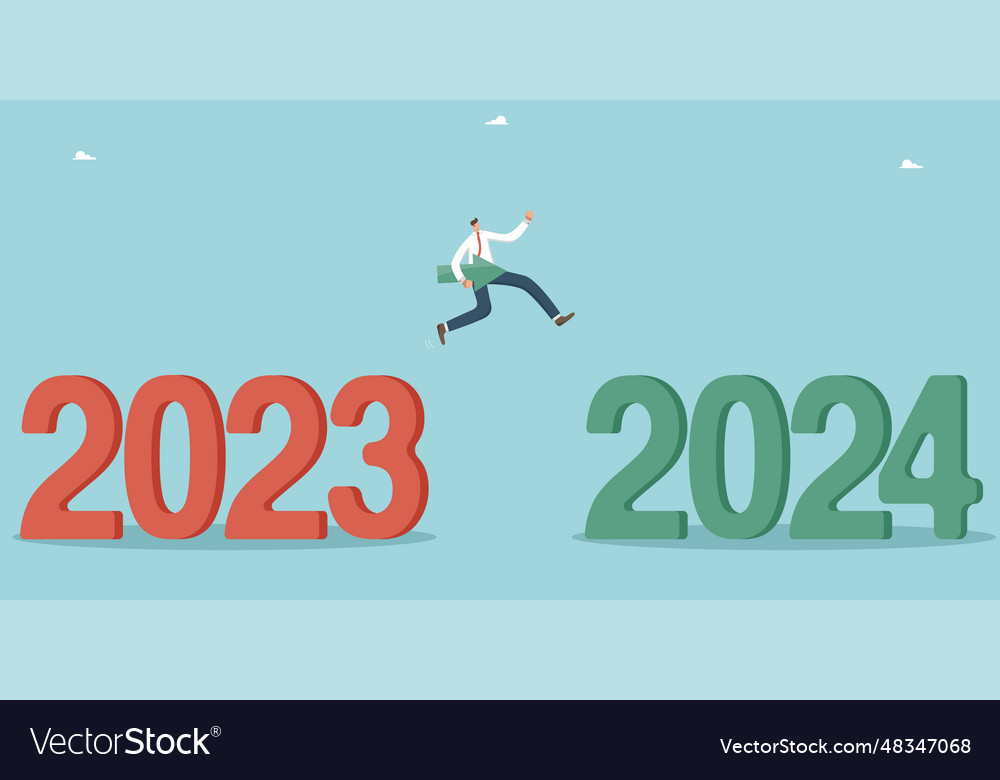 Man with arrow jumps from 2023 to 2024