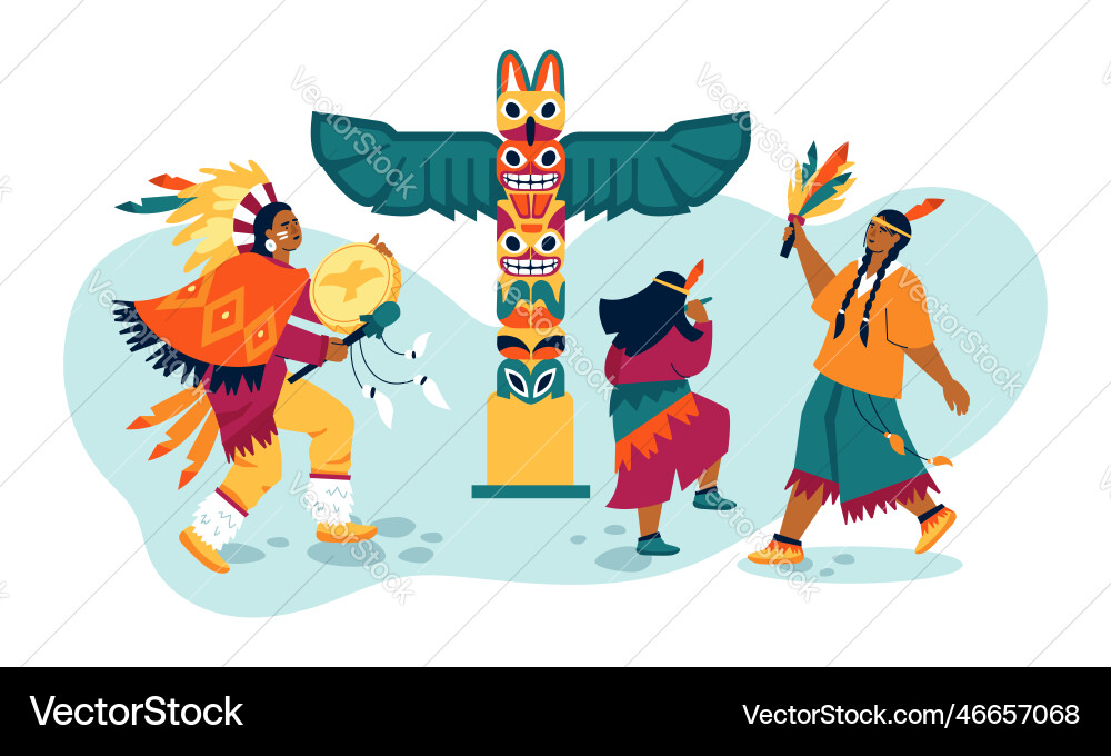 Ritual dance around the totem - modern colored Vector Image
