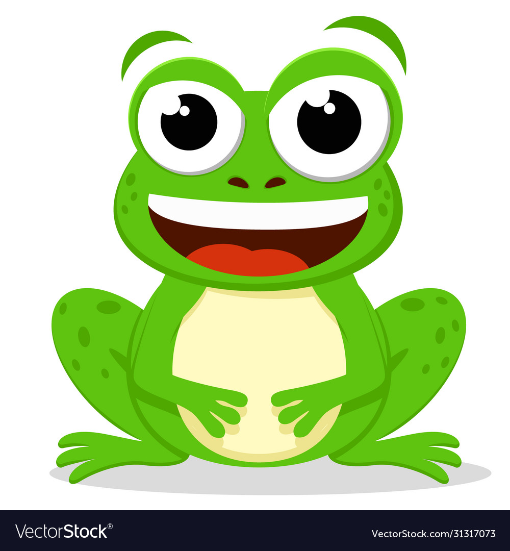 Green toad sits and smiles on a white background