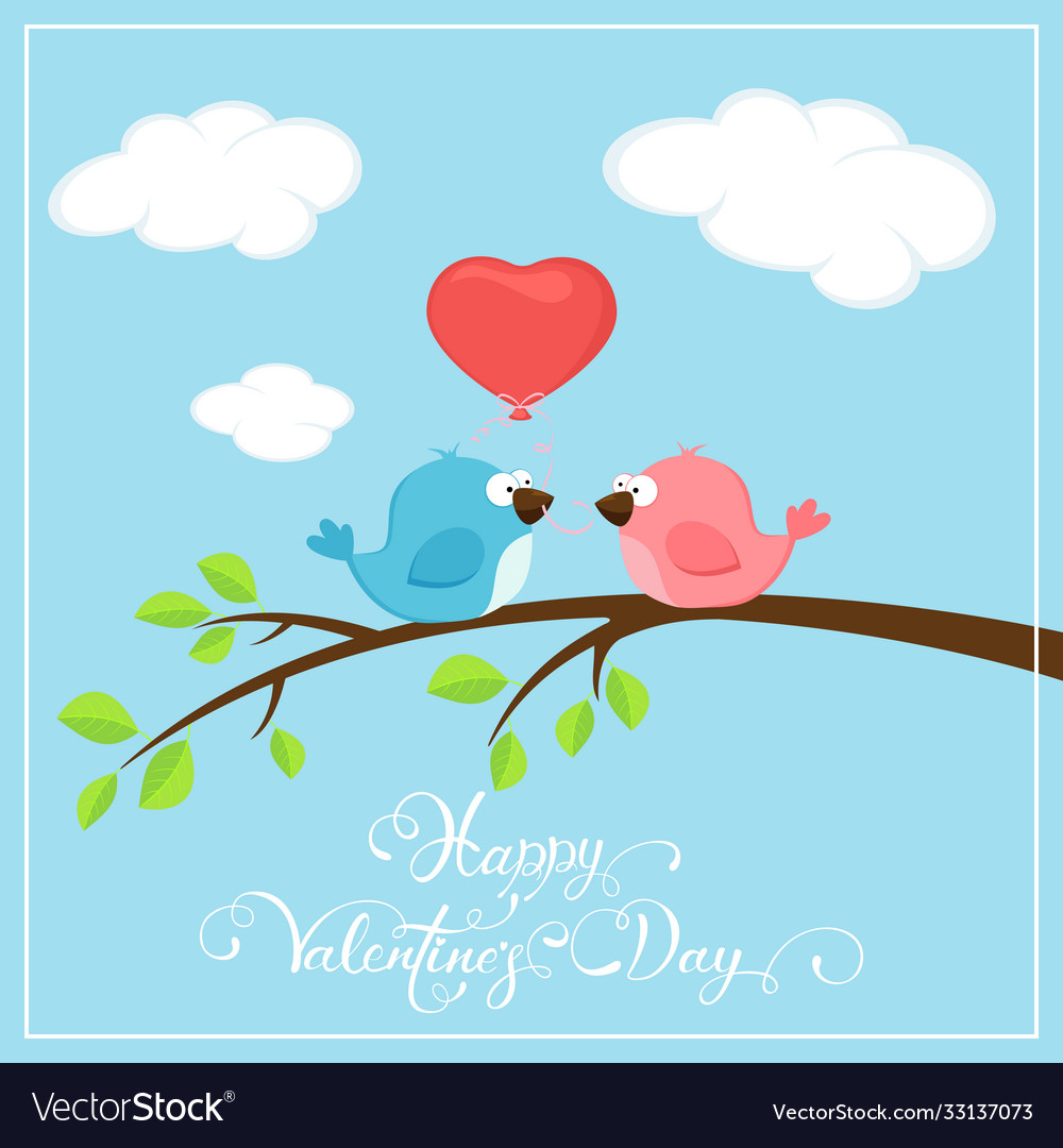 Valentines background with two birds and balloon