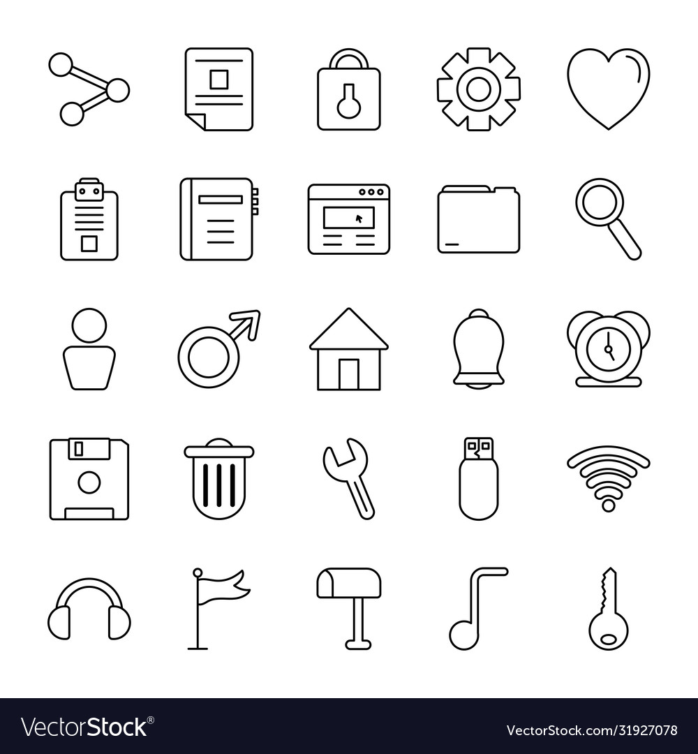 Alarm clock and web symbols icon set line style