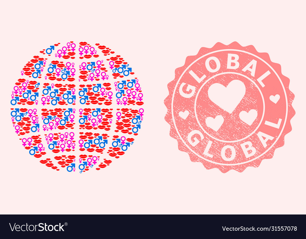 Collage Liebe Lächeln Globus und grunge Herzstempel