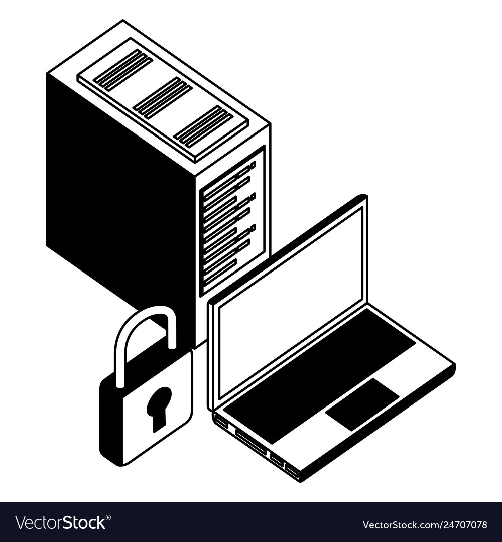 Laptop computer with padlock and server data Vector Image Laptop computer with padlock and server data