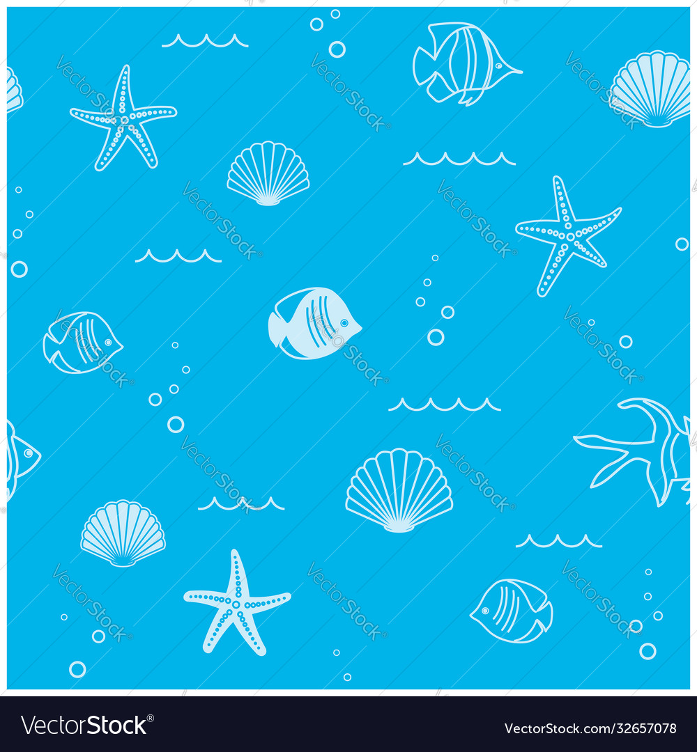 Light blue seamless pattern with seashells