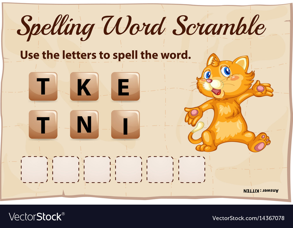 Spelling word scramble game with word kitten Vector Image