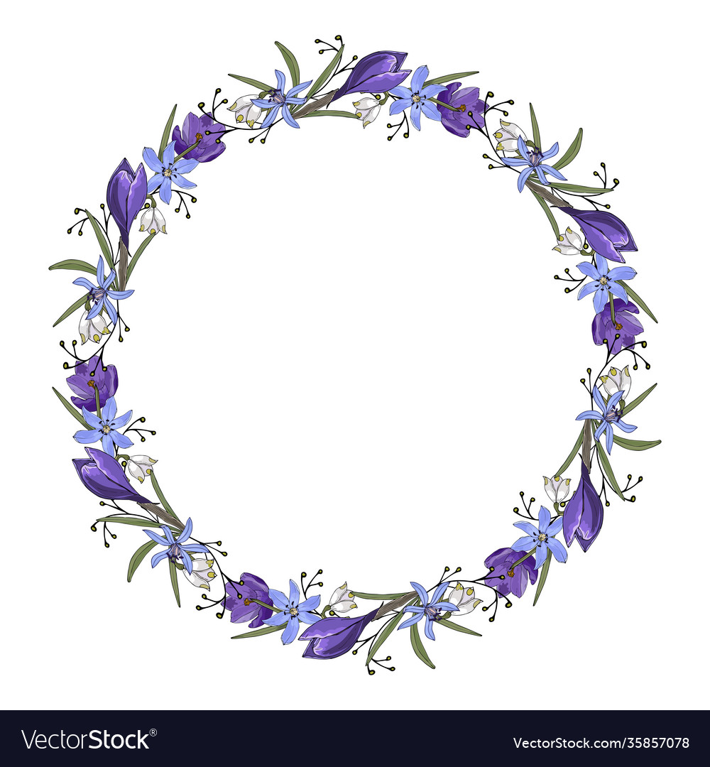 Spring wreath crocus scilla hand drawing Vector Image