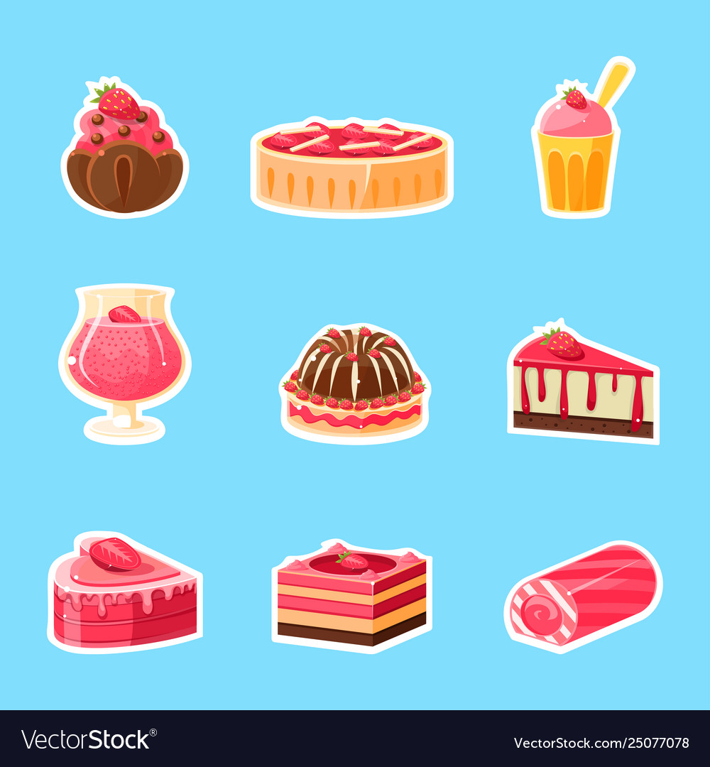 Set of Fun Stickers Desserts Kawaii Bakery Food Stock Vector