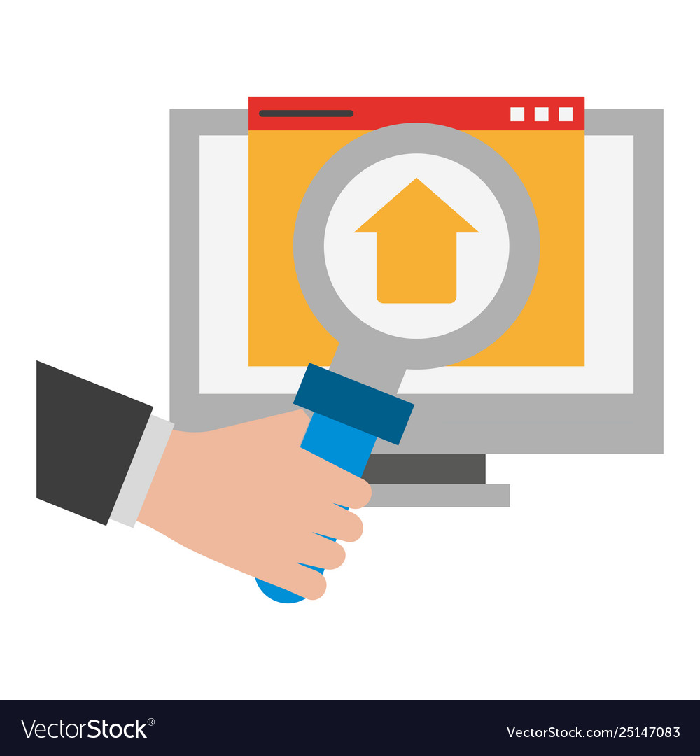 Computer with upload sign and magnifying glass vector image Computer with upload sign and magnifying glass