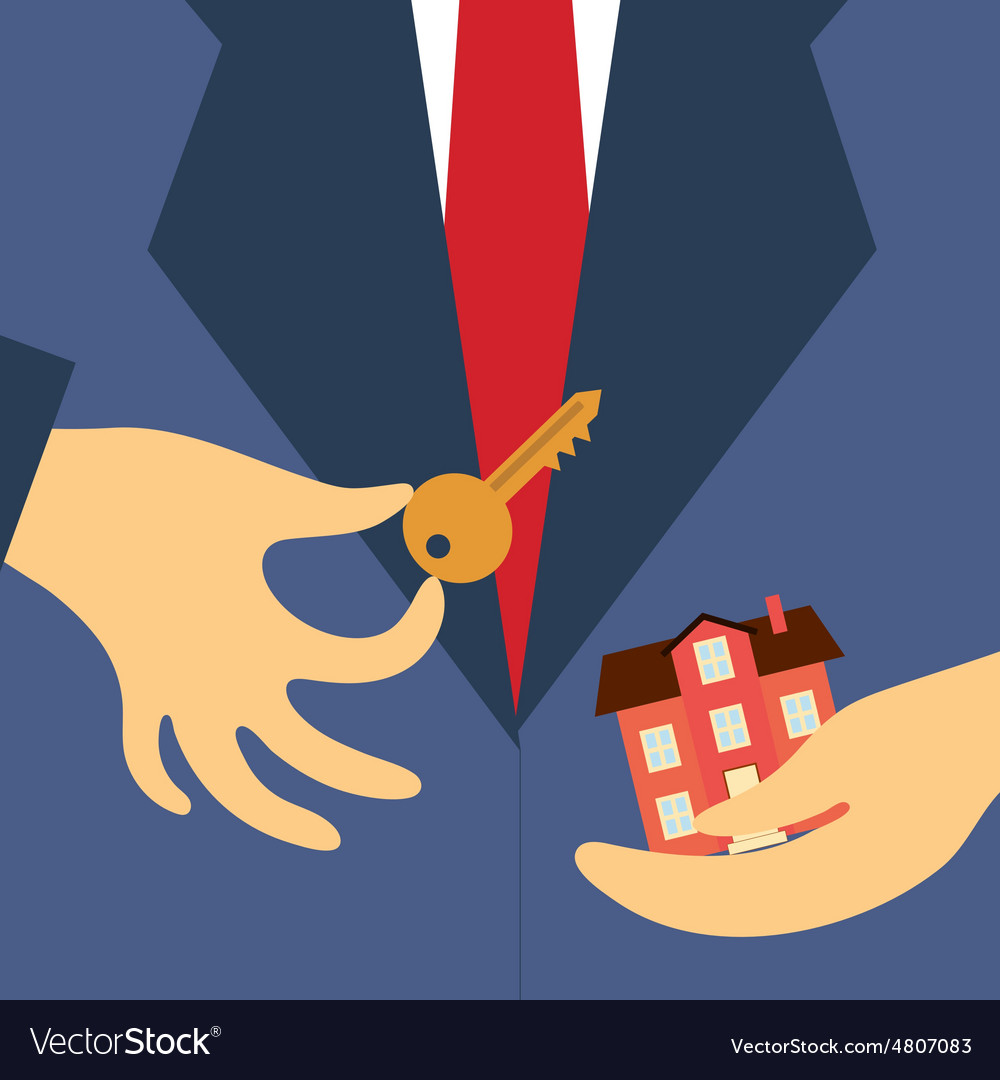 Hand real estate agent holding key and house