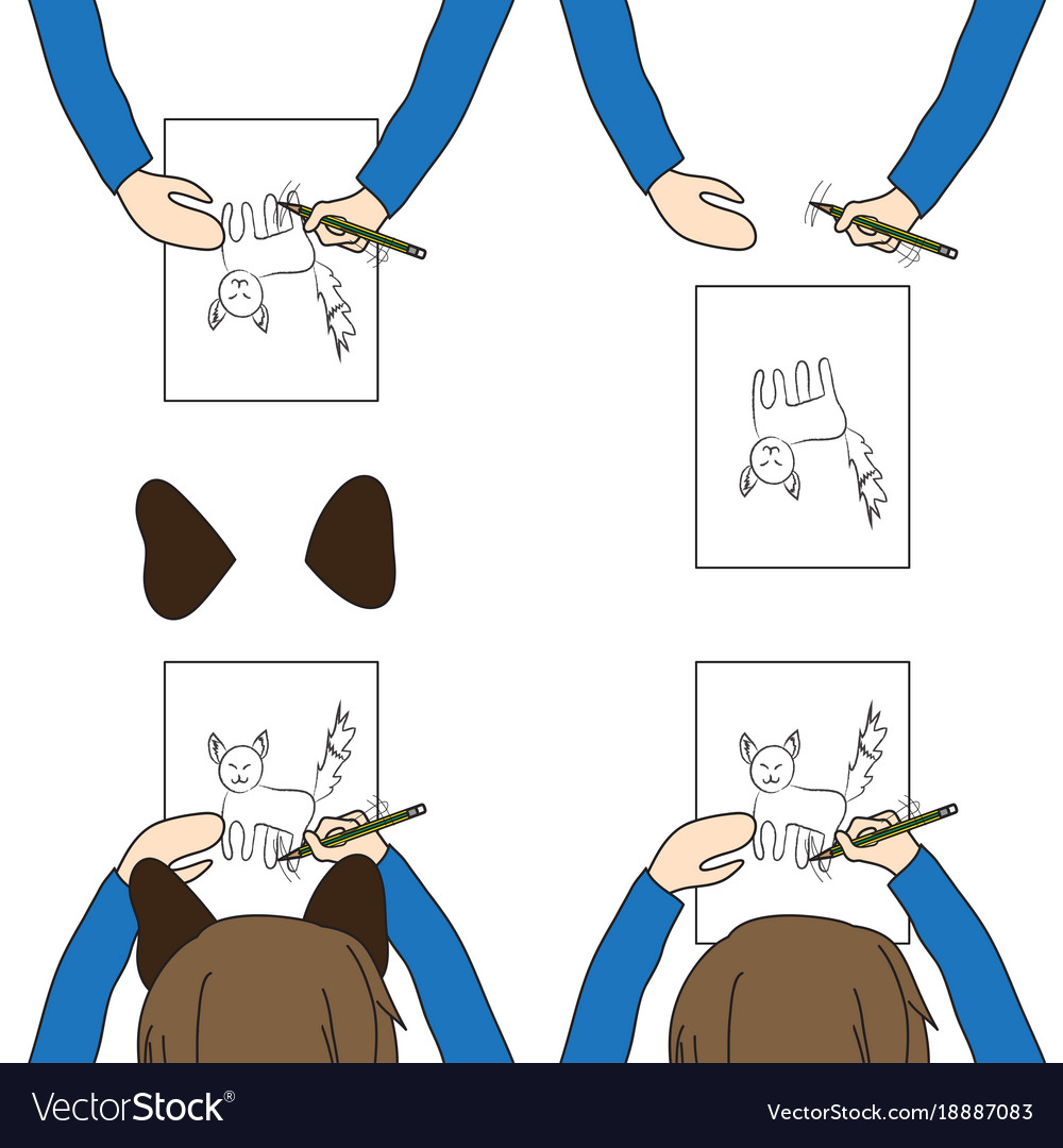 Kid with cat ears drawing on white paper