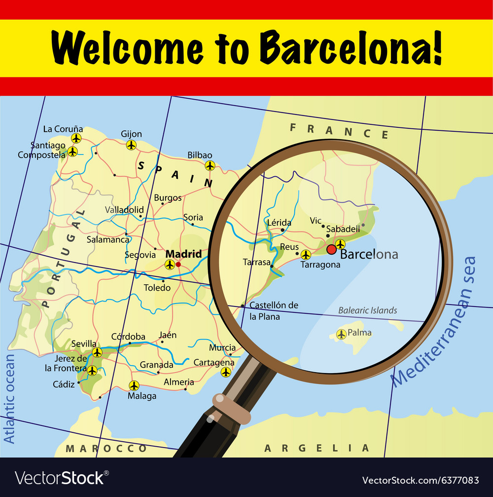 Welcome to Spain Barcelona with airports on map Vector Image