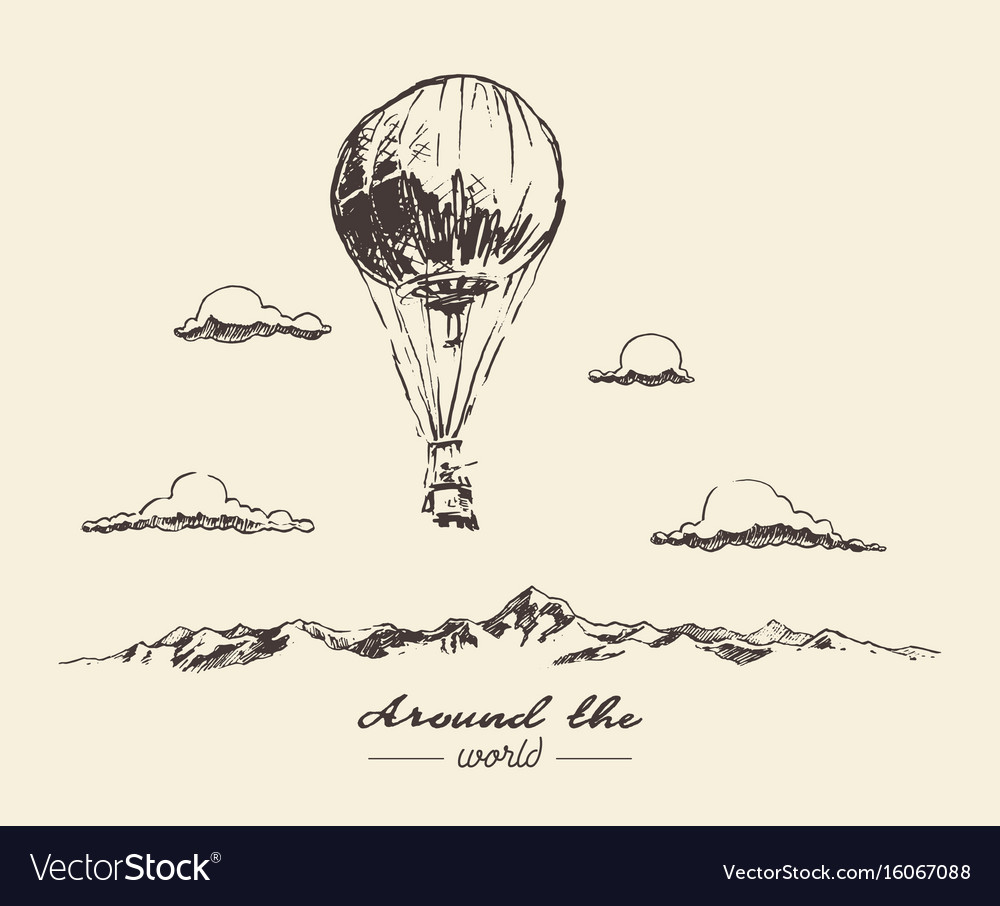 Air balloon mountains adventures sketch Royalty Free Vector