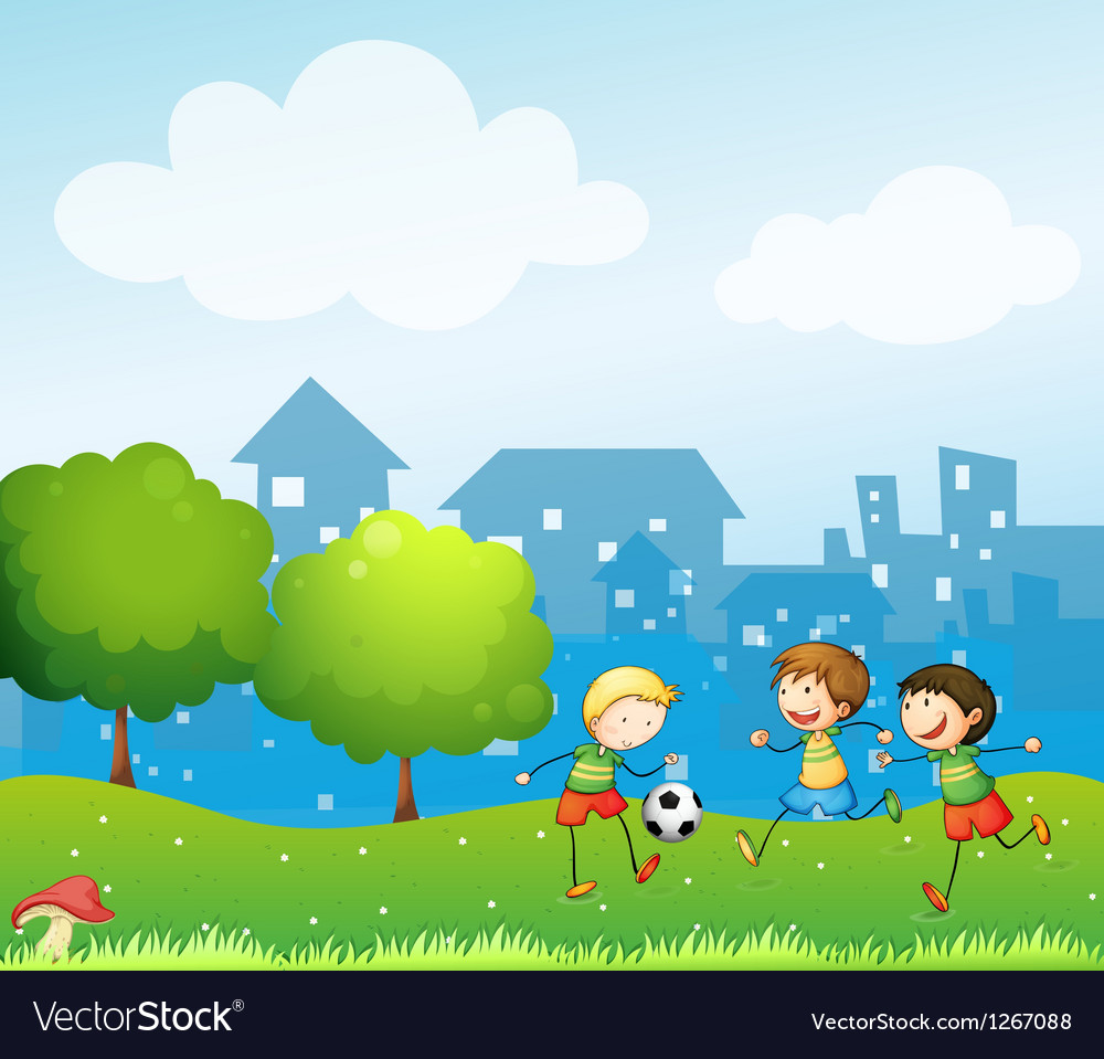 Three kids playing soccer in the hill Royalty Free Vector