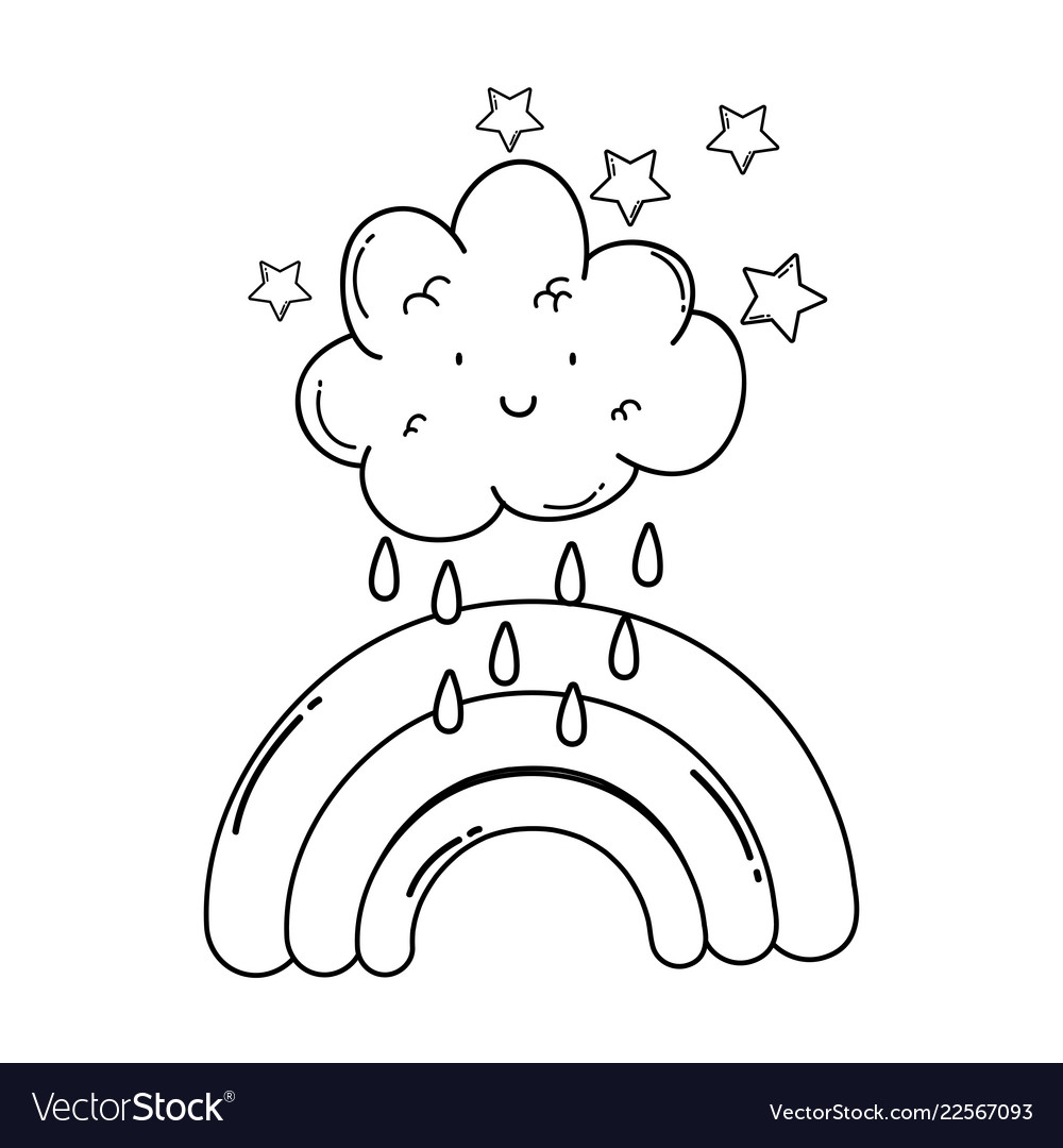 Cloud and rainbow cute cartoon in black white