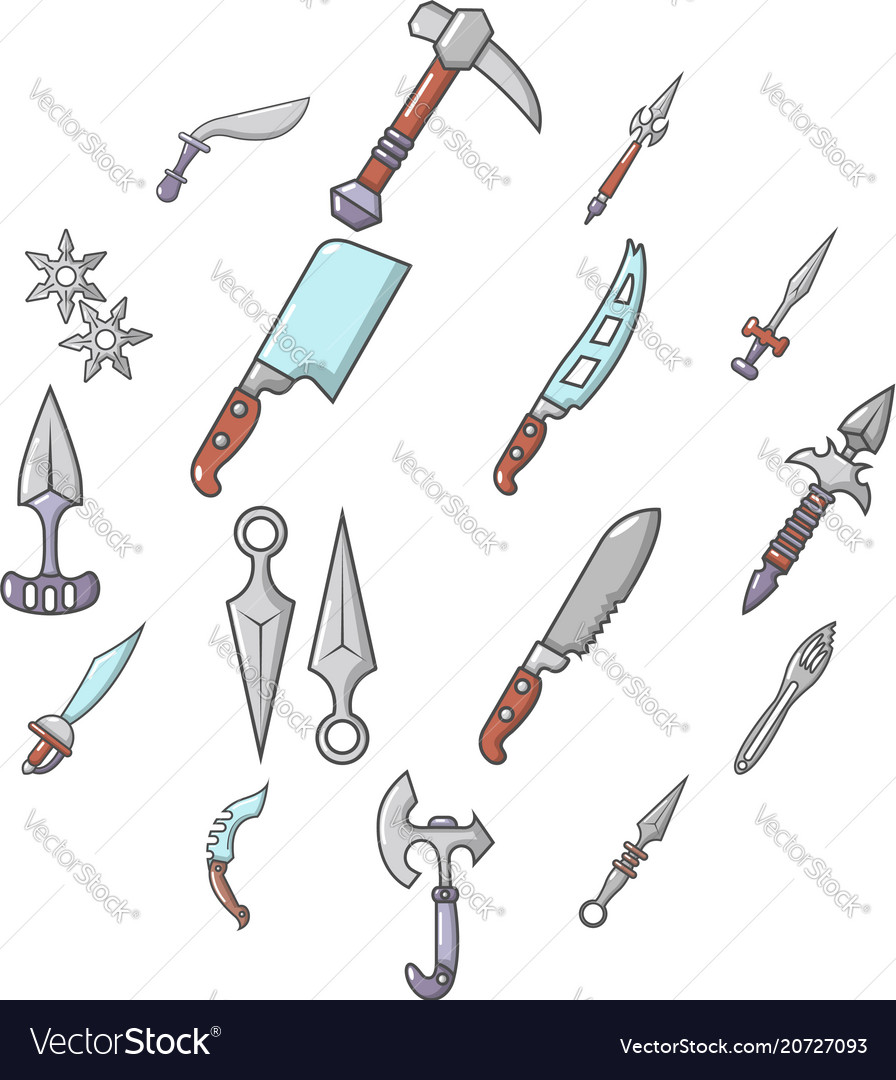 Steel arms items icons set cartoon style