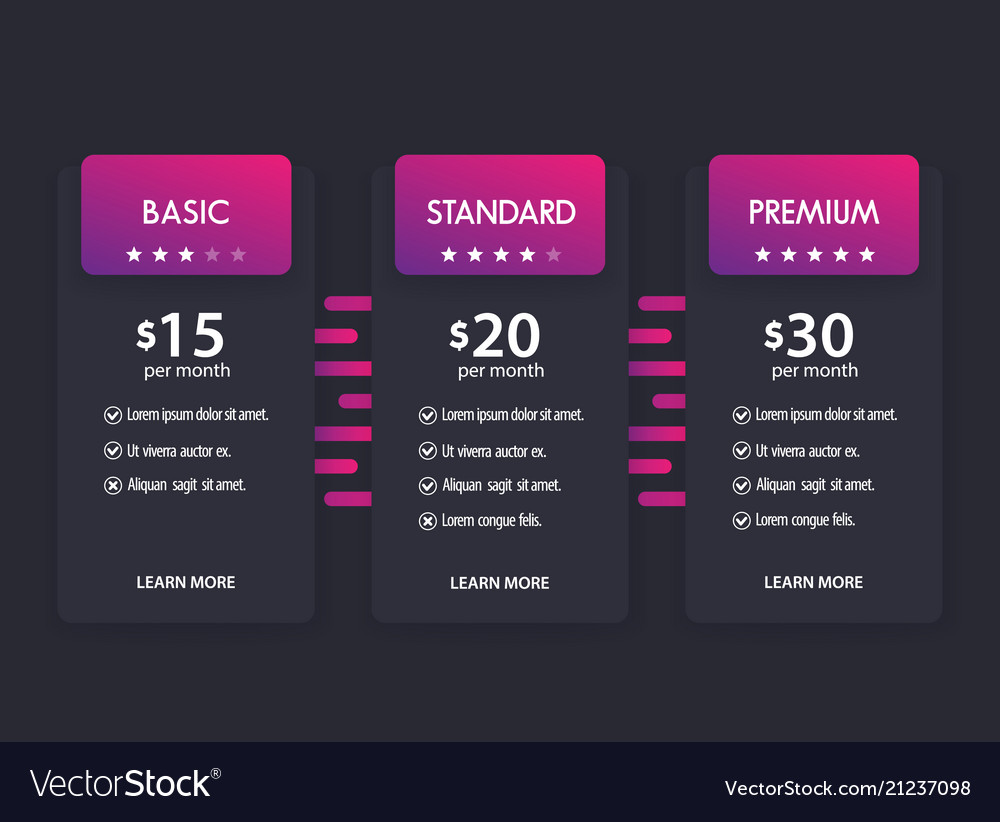 Banner for tariffs pricing table boxes Royalty Free Vector