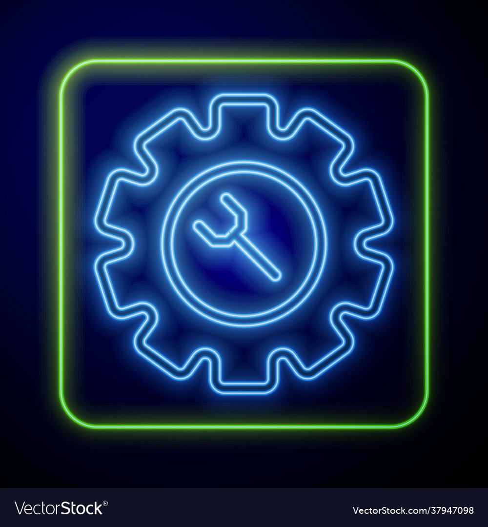 Glowing neon wrench and gear icon isolated on blue vector image Glowing neon wrench and gear icon isolated on blue