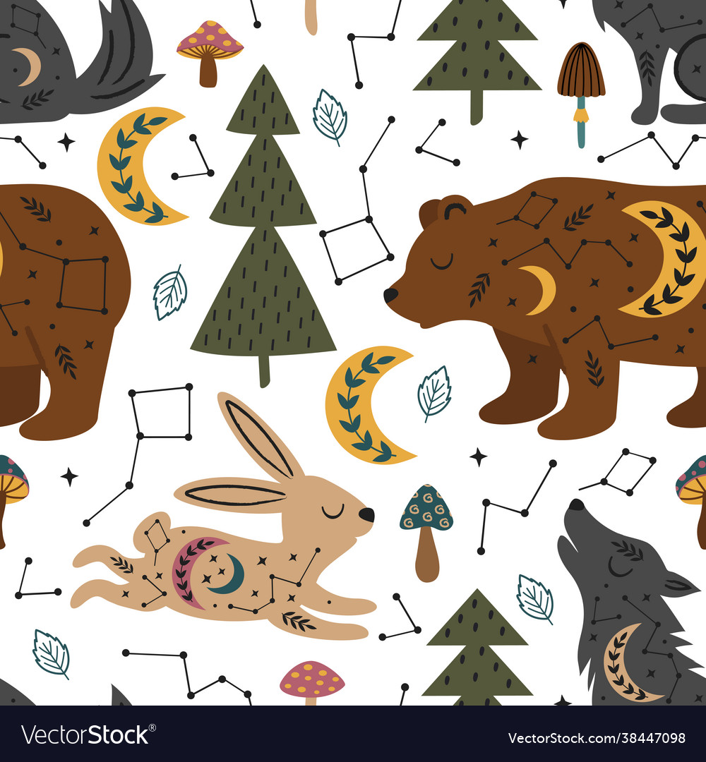 Seamless pattern magic forest with celestial ani vector image Seamless pattern magic forest with celestial ani
