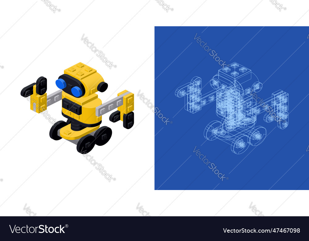 Set of yellow robot with a project assembled from vector image Set of yellow robot with a project assembled from