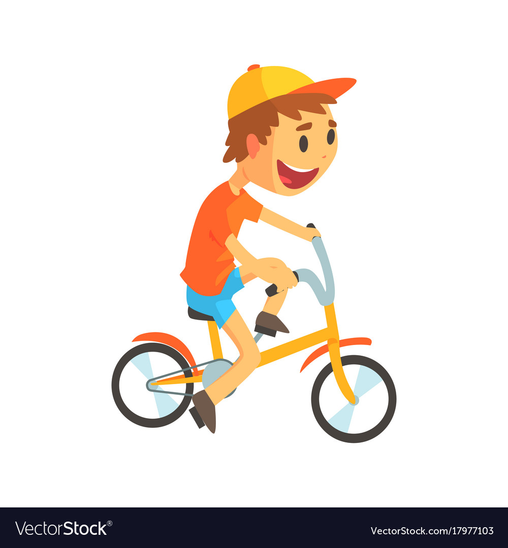 Funny little boy in yellow baseball cap riding Vector Image