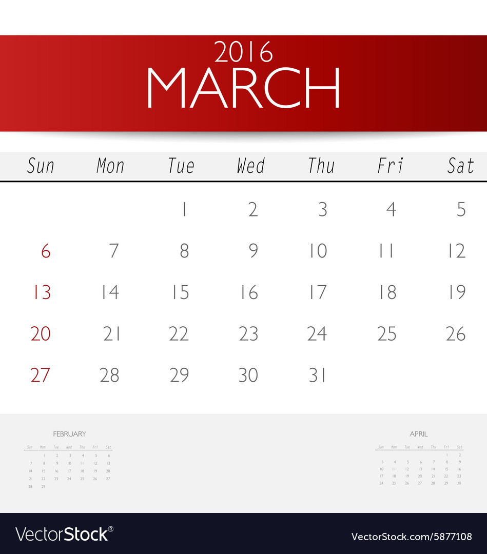 2016 calendar monthly template for march Vector Image