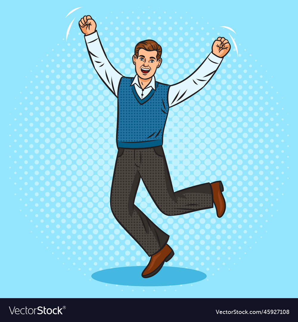 Happy jumping joy man pop art Royalty Free Vector Image