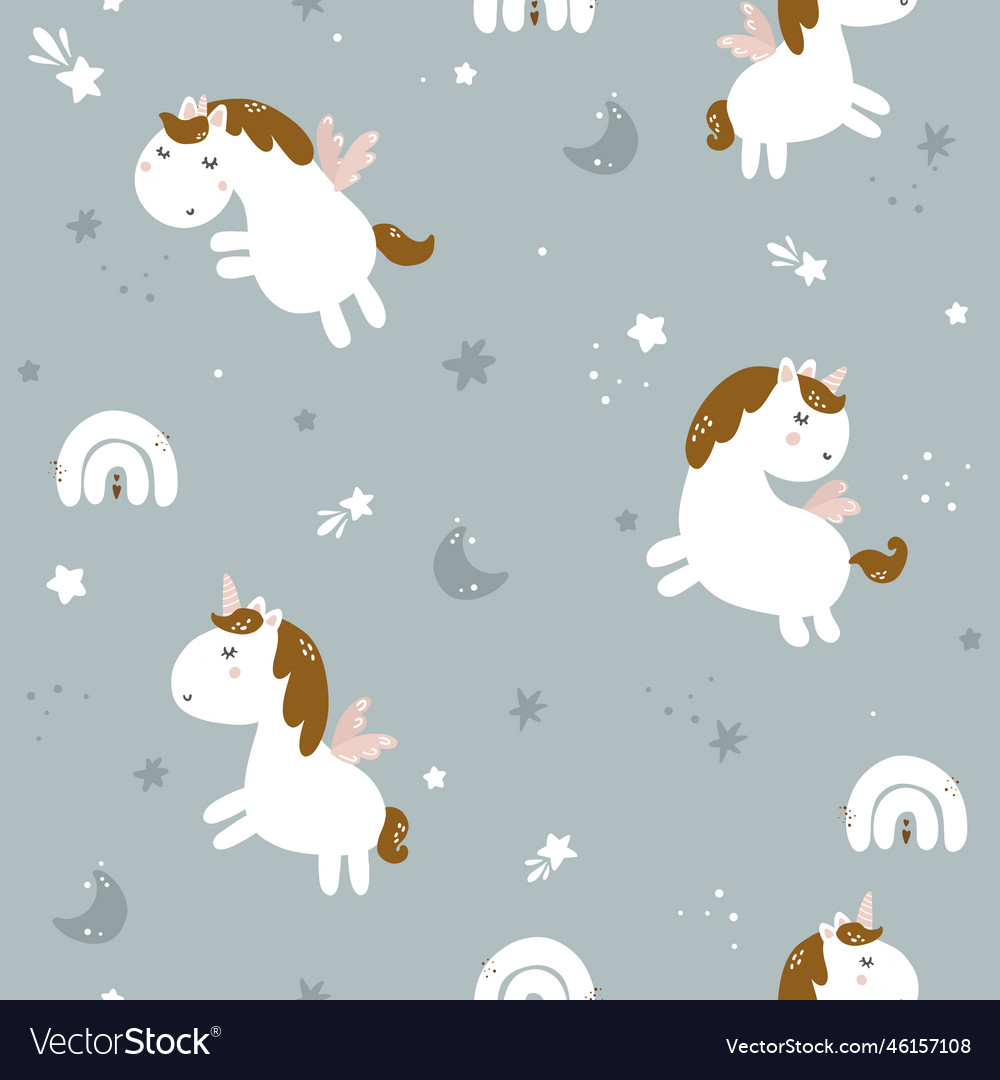 Seamless childish pattern with unicorn and rainbow