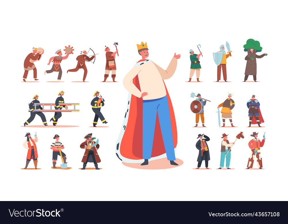 Set boys in costumes of king firefighter viking